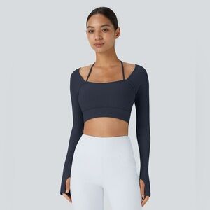 Halara navy Ribbed Halter Strap Thumb Hole Cropped Yoga Sports Top